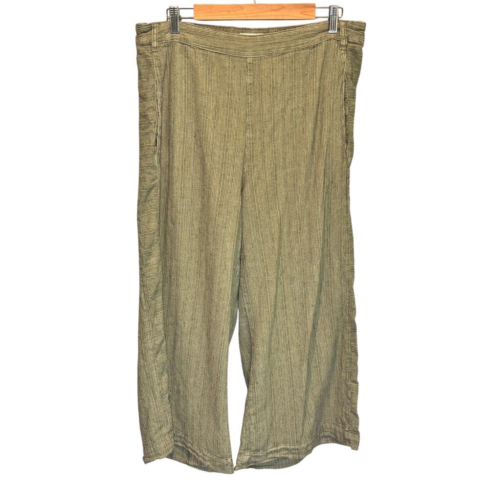 By Anthropologie Green Striped Linen Blend Wide Leg Cropped Pants - size Large